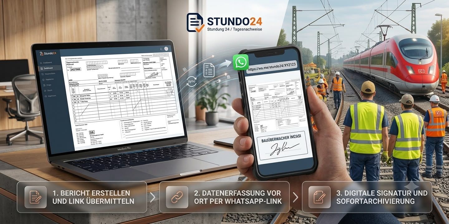 Vom Büro zur Baustelle: Bericht erstellen, Link per WhatsApp teilen, digital unterschreiben
